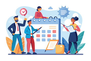 Business planning concept featuring a diverse team engaging in strategy discussion with a calendar and planning tools in a bright, creative environment