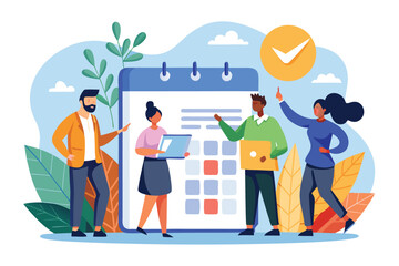 Fototapeta premium Business planning team collaborates on strategy using digital tools in a lively office setting with a calendar and nature-inspired decor