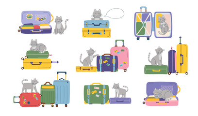 Set of travel luggage and pet cat. Concept of travel with pet. Vector flat cliparts.