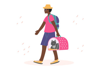 Traveler man with pet cat in the carrier. Concept of travel with pet, summer vacation. Vector flat clipart.