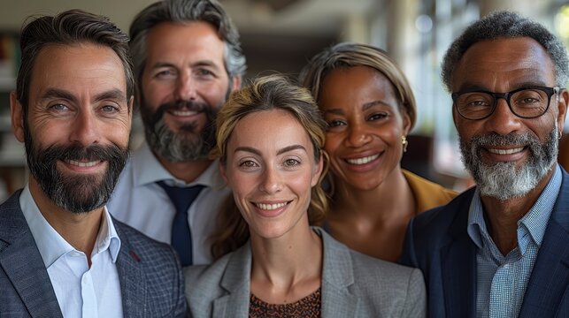 Diverse group of 5 business people, all smiling warmly at the viewer