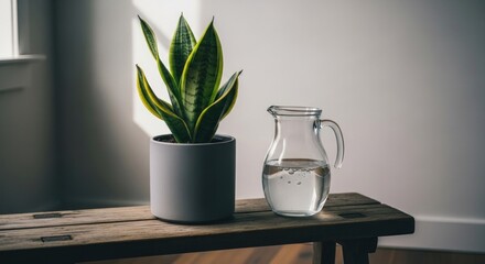Indoor plant, gray pot, clear pitcher