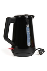 A black electric kettle on a white background.