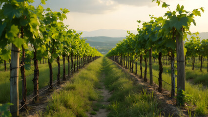 Sprawling vineyard with grapevines. Trellises for optimal grape growing. Stunning views of vineyards. Ultra-realistic vineyard landscapes.