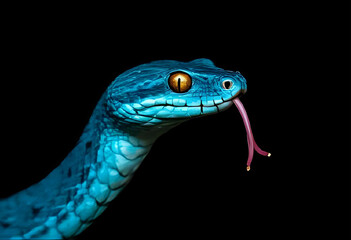 the head of a blue snake with golden eyes on a black background