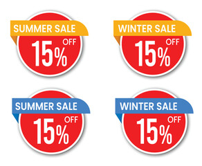 15% off vector labels, summer winter sale vector icons, winter discount badge design pack