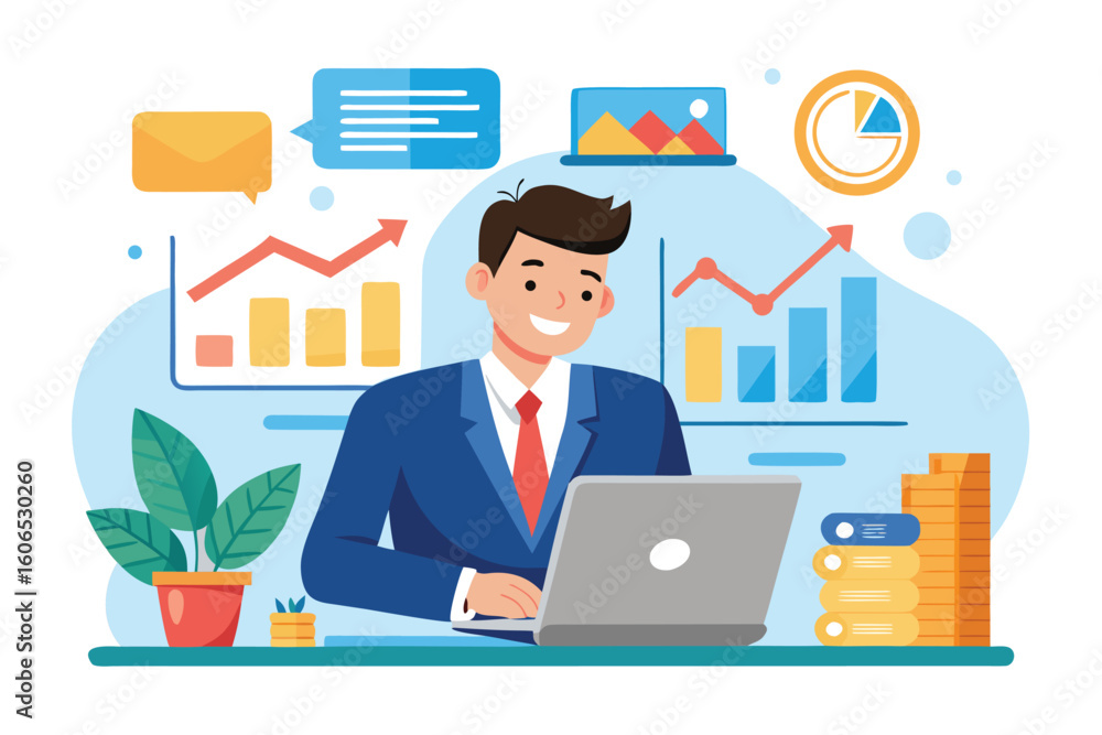 Aufkleber business analyst conducting financial audits while evaluating data using laptop and visual charts in