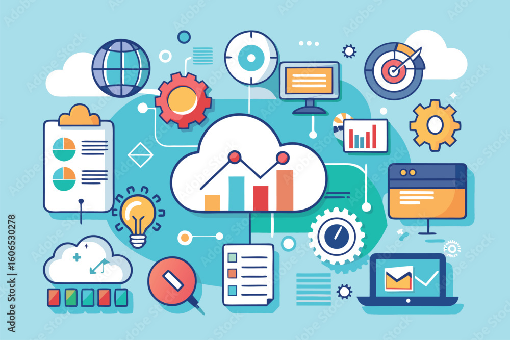 Aufkleber business data analysis and organization management concepts illustrated with icons representing char