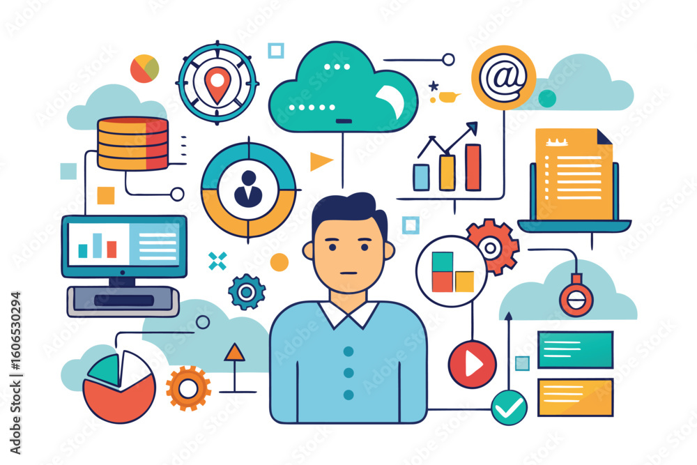 Poster business data analysis and organization management concept featuring a professional with graphical d