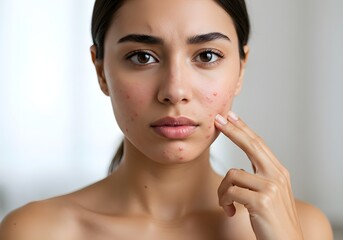 Portrait of a worried young woman touching pimples on her cheek, concerned about her problematic skin and acne breakouts.