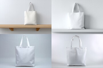 Four blank white tote bags displayed on light wood and white shelves against white backgrounds, showcasing different angles and lighting