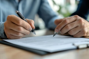 Fototapeta premium close up of a businessman signing a document, Generative AI