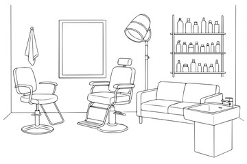 Minimalist beauty salon scene with modern furniture, hair styling tools, and shelves full of hair products, perfect for hairdressers and beauty salon themes, beauty salon hair cutting concept