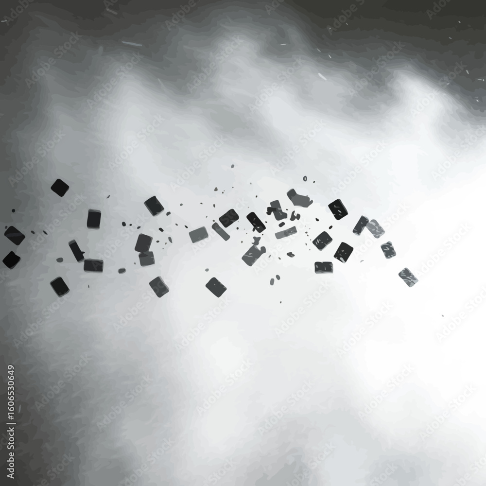 Poster scattered dark rectangles floating in a gradient gray and white space