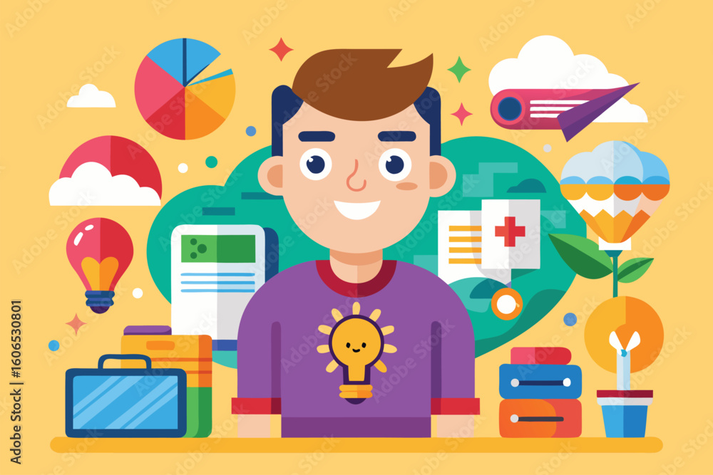 Poster creative branding concept featuring a cheerful character surrounded by colorful icons and symbols re
