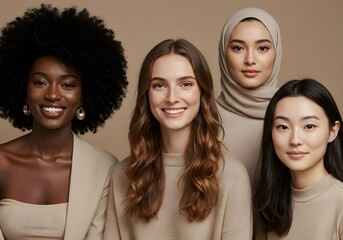 Obraz premium A group of four diverse and beautiful women from different ethnicities smiling together in a studio portrait, celebrating unity and multicultural friendship.