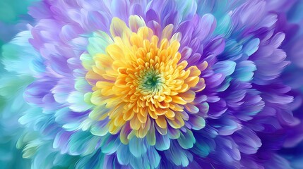 Centifolia rose with floral tempo concept. Vibrant chrysanthemum with swirling colors of yellow and purple.