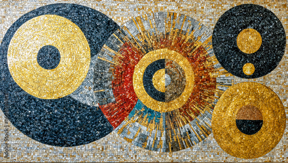 Poster abstract mosaic art featuring circles and vibrant colors creating a unique texture and artistic expr