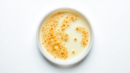 Close-up of bacterial colony with yellow clusters in sterile petri dish for growth monitoring