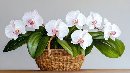 Obraz premium Delicate white and pink orchids in a wicker basket with large glossy leaves