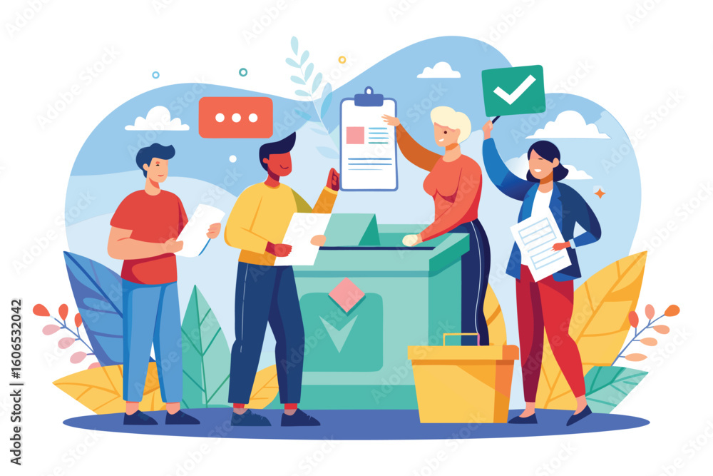 Poster voting group collaborates enthusiastically to make decisions during an election process while engagi