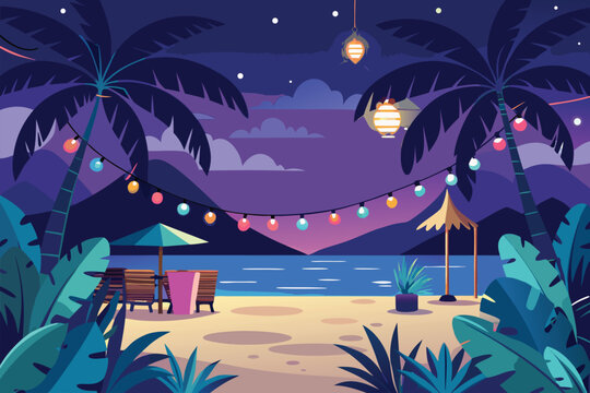 Vibrant beach party vector illustration featuring tropical elements and colorful lights under a night sky with palm trees