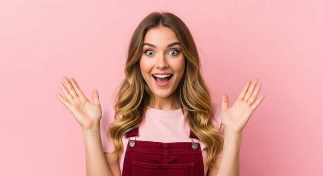 Joyful young woman expressing excitement with raised hands against a pink background