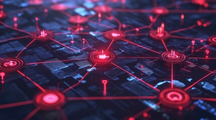 Abstract network of glowing red circles