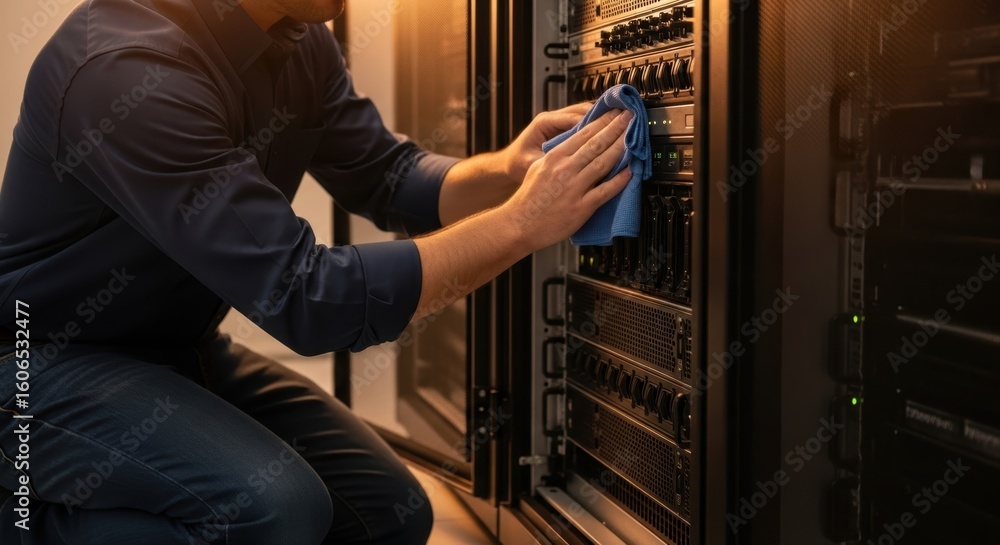 Poster efficient data center maintenance technician cleaning servers for optimal performance