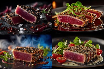 Four images of seared tuna steaks with sesame crust, cooked medium-rare, on plates