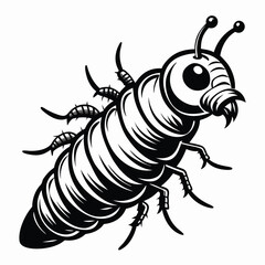 Monochrome Illustration of a Cartoonish Grub with Menacing Mandibles and Segmented Body in Bold Lines and Striking Contrast