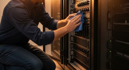 Efficient data center maintenance technician cleaning servers for optimal performance