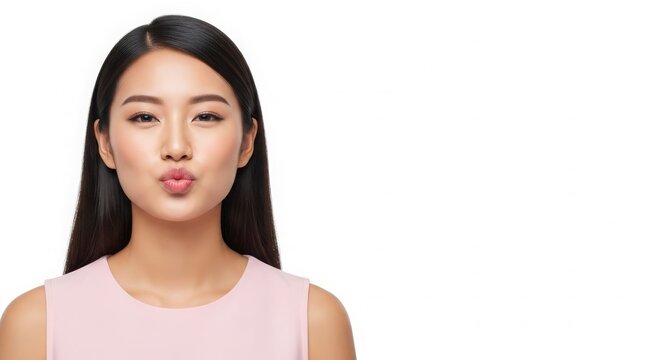 Young woman in a pink top making a playful kissy face against a plain white background