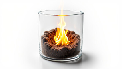 Burned organic sample combusting in transparent beaker for flame endurance testing