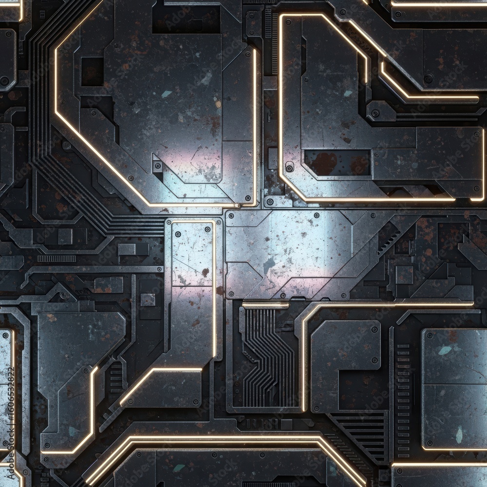 Poster futuristic circuit board design with glowing lines and dark texture