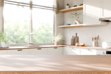 Bright modern Kitchen with Wood Countertop, fresh Greenery Decor. 3d render.