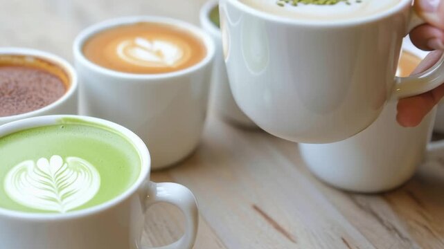 A row of white coffee cups with different flavors, including green tea. The cups are arranged in a line, with some cups having a green leaf on top. Concept of variety and choice