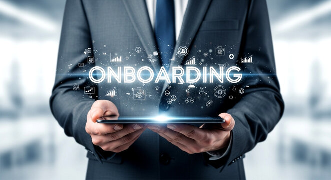 A man in a suit holding a tablet with the word onboarding and icons floating above it in the air