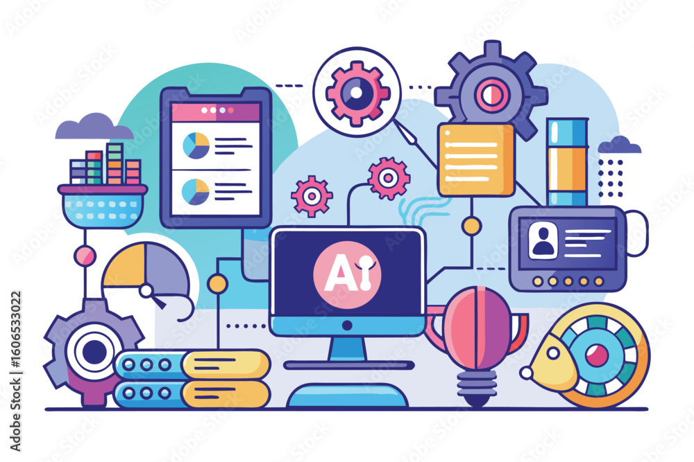 Poster modern technology and abstract concept of ai optimization with vector graphics depicting apps, tools