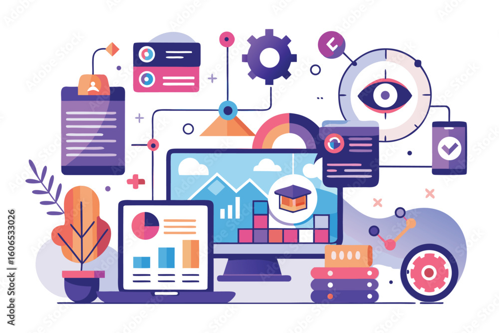 Poster explore innovative ai optimized soft and apps in an abstract concept vector showcasing digital analy