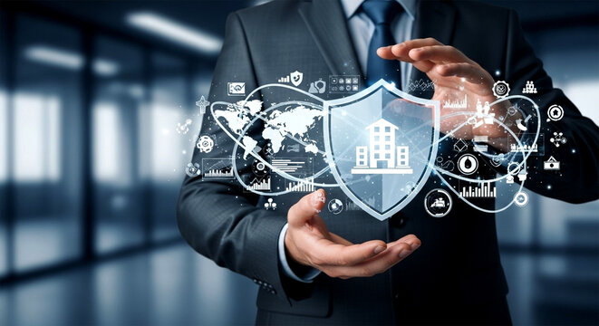Man in suit holding a shield with building icon and world map in a digital interface overlaying hands