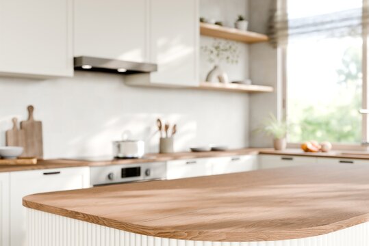 Modern white kitchen with wood Countertop and Natural Light. 3d render.