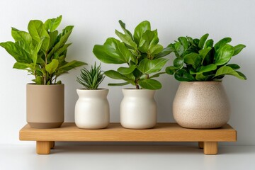 Modern Interior Arrangement of Green Plants in Decorative Pots on Natural Wood Stand for Home and Office Decor