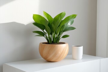 Green Indoor Plant in Wooden Pot with White Mug on Minimalist Shelf in Bright Room