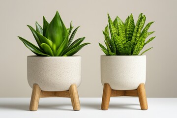 Modern Indoor Planters with Green Succulent and Snake Plant on Minimalist Background