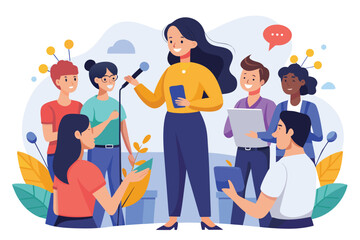 Active female speaker addressing a group of engaged listeners during an interactive discussion in a vibrant outdoor setting