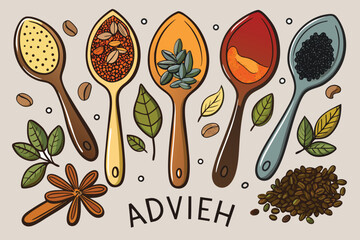 Various advieh spice blends illustrated in spoons featuring unique colors and textures in a creative arrangement