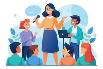 Engaging female speaker addresses enthusiastic audience while holding microphone in vibrant setting