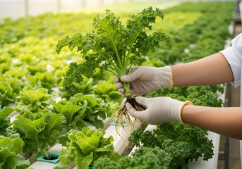 Scientist in gloves inspecting fresh kale with roots in a modern hydroponic greenhouse farm. Smart agriculture technology.