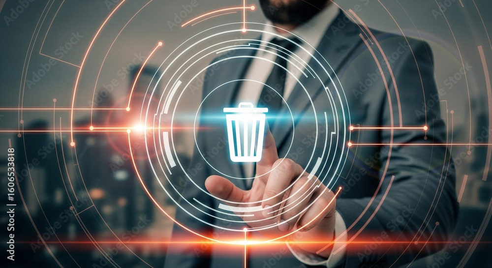 Poster a man in a suit touches a digital trash can icon surrounded by glowing circles and lines design